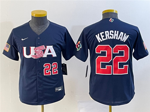 Youth Mexico Baseball #22 Clayton Kershaw 2023 Navy World Baseball Classic With Patch Stitched Jersey